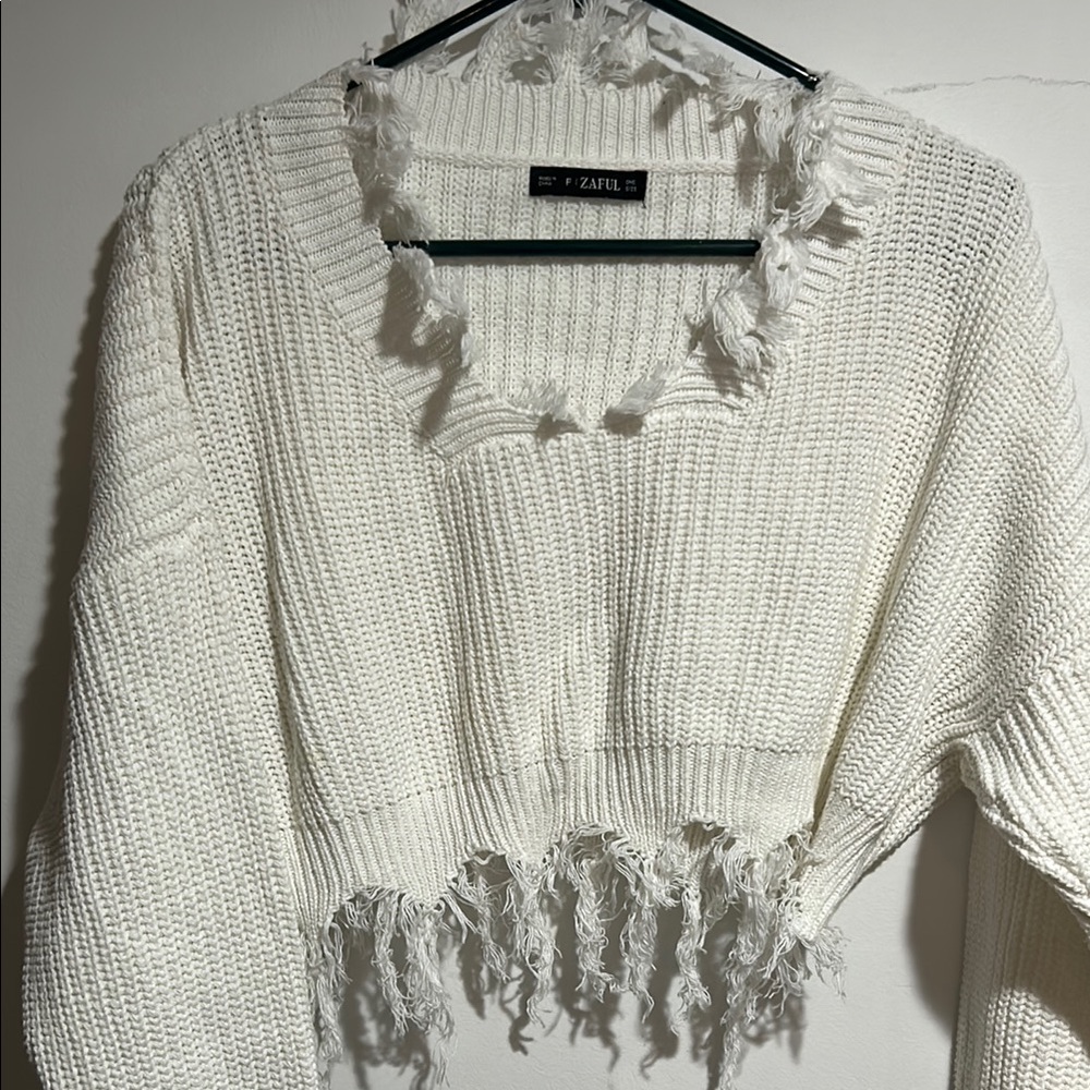 Zaful White Frayed Hem Sweater